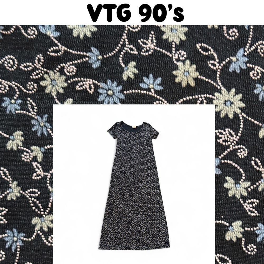 The Attic 1990s VTG Whimsigoth Short Sleeve Floral Maxi Dress Stretchy floral